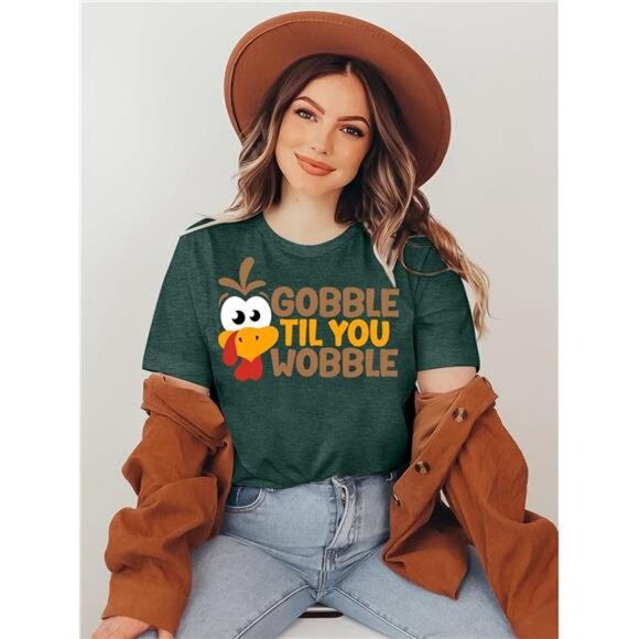Funny Turkey "Gobble" Graphic Short Sleeve Tee | Thanksgiving Holiday Shirt - Picture 3 of 7